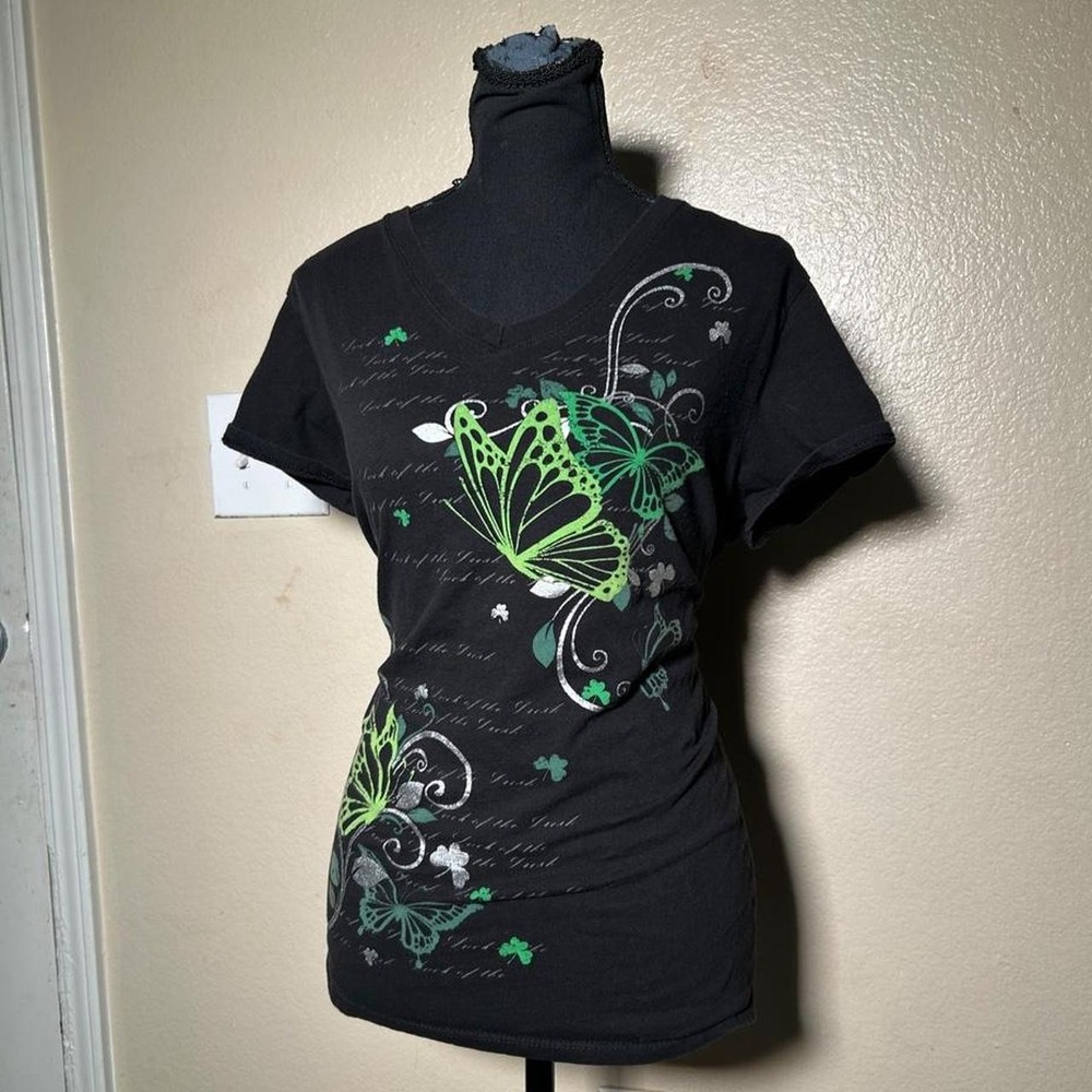Lucky Brand Y2K Black Butterfly Clover Graphic Tee Green Fairy Grunge 2XL